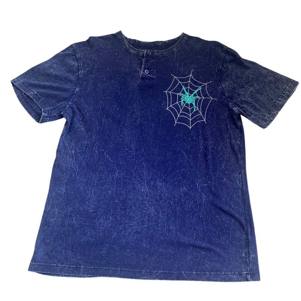 Open Trails Shirt Men's Size Medium Blue White Henley  Spider Web